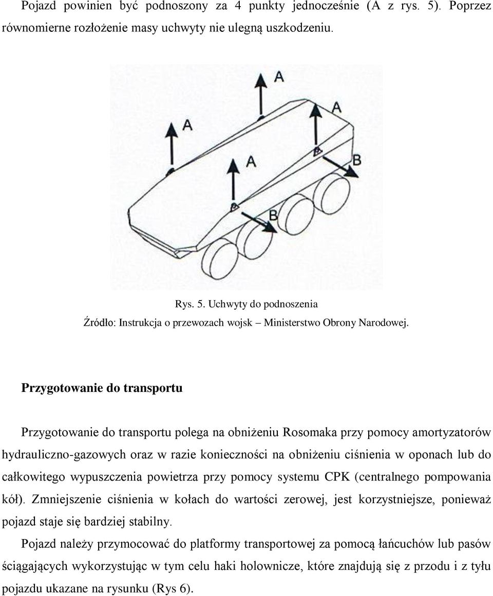 Uchwyty do podnoszenia Przygotowanie do transportu Przygotowanie do transportu polega na obniżeniu Rosomaka przy pomocy amortyzatorów hydrauliczno-gazowych oraz w razie konieczności na obniżeniu