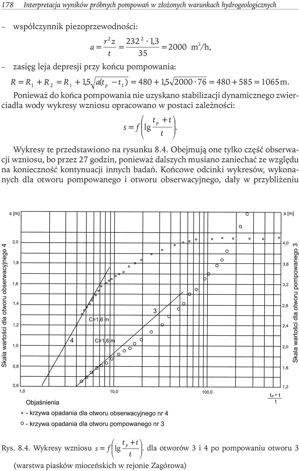 Ponieważ do końca pompowania nie uzyskano stabilizacji dynamicznego zwierciadła wody wykresy wzniosu opracowano w postaci zależności: tp + t s= f lg t. Wykresy te przedstawiono na rysunku 8.4.