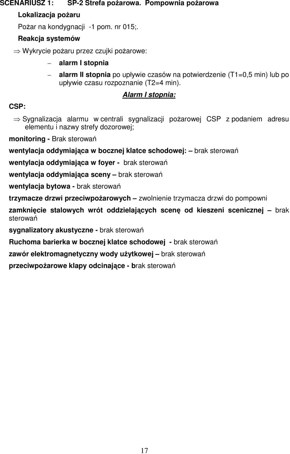 Alarm I stopnia: Sygnalizacja alarmu w centrali sygnalizacji poŝarowej CSP z podaniem adresu elementu i nazwy strefy dozorowej; monitoring - Brak sterowań wentylacja oddymiająca w bocznej klatce