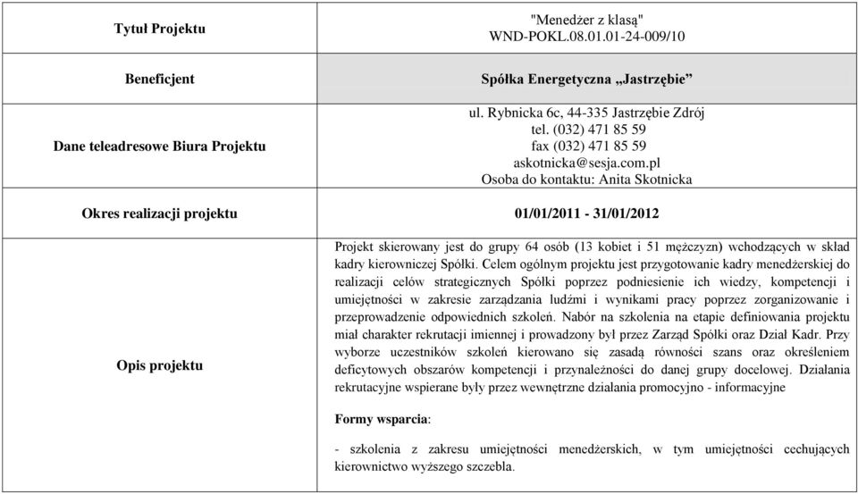 pl Osoba do kontaktu: Anita Skotnicka Okres realizacji projektu 01/01/2011-31/01/2012 Opis projektu Projekt skierowany jest do grupy 64 osób (13 kobiet i 51 mężczyzn) wchodzących w skład kadry