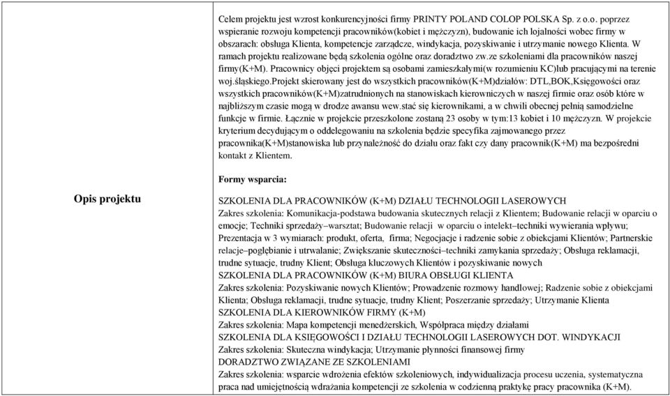 t konkurencyjności firmy PRINTY POLAND COLOP POLSKA Sp. z o.o. poprzez wspieranie rozwoju kompetencji pracowników(kobiet i mężczyzn), budowanie ich lojalności wobec firmy w obszarach: obsługa