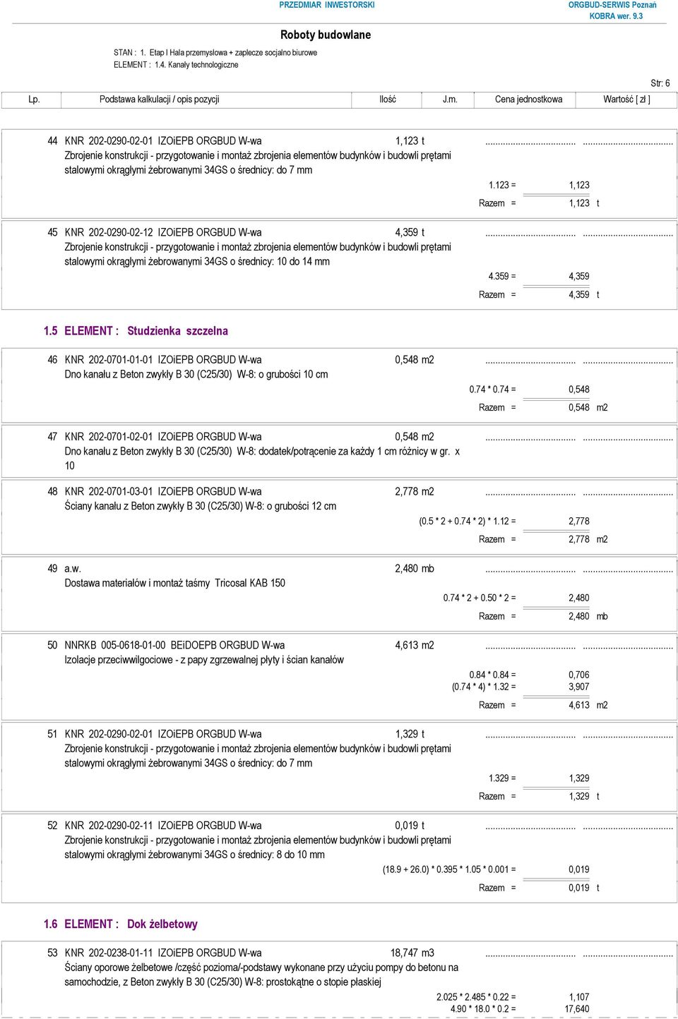 5 ELEMENT : Studzienka szczelna 46 KNR 202-0701-01-01 IZOiEPB ORGBUD W-wa 0,548 m2...... Dno kanału z Beton zwykły B 30 (C25/30) W-8: o grubości 10 cm 0.74 * 0.