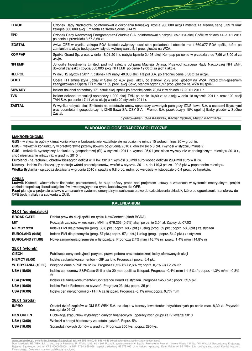 IZOSTAL KOMPAP NFI EMF RELPOL SEKO Aviva OFE w wyniku zakupu PDA Izostalu zwiększył swój stan posiadania i obecnie ma 1.669.