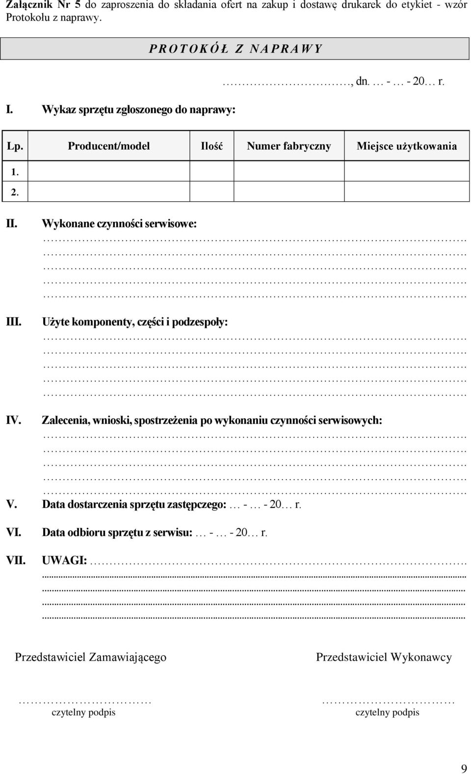 Wykonane czynności serwisowe: Użyte komponenty, części i podzespoły: IV. Zalecenia, wnioski, spostrzeżenia po wykonaniu czynności serwisowych: V.