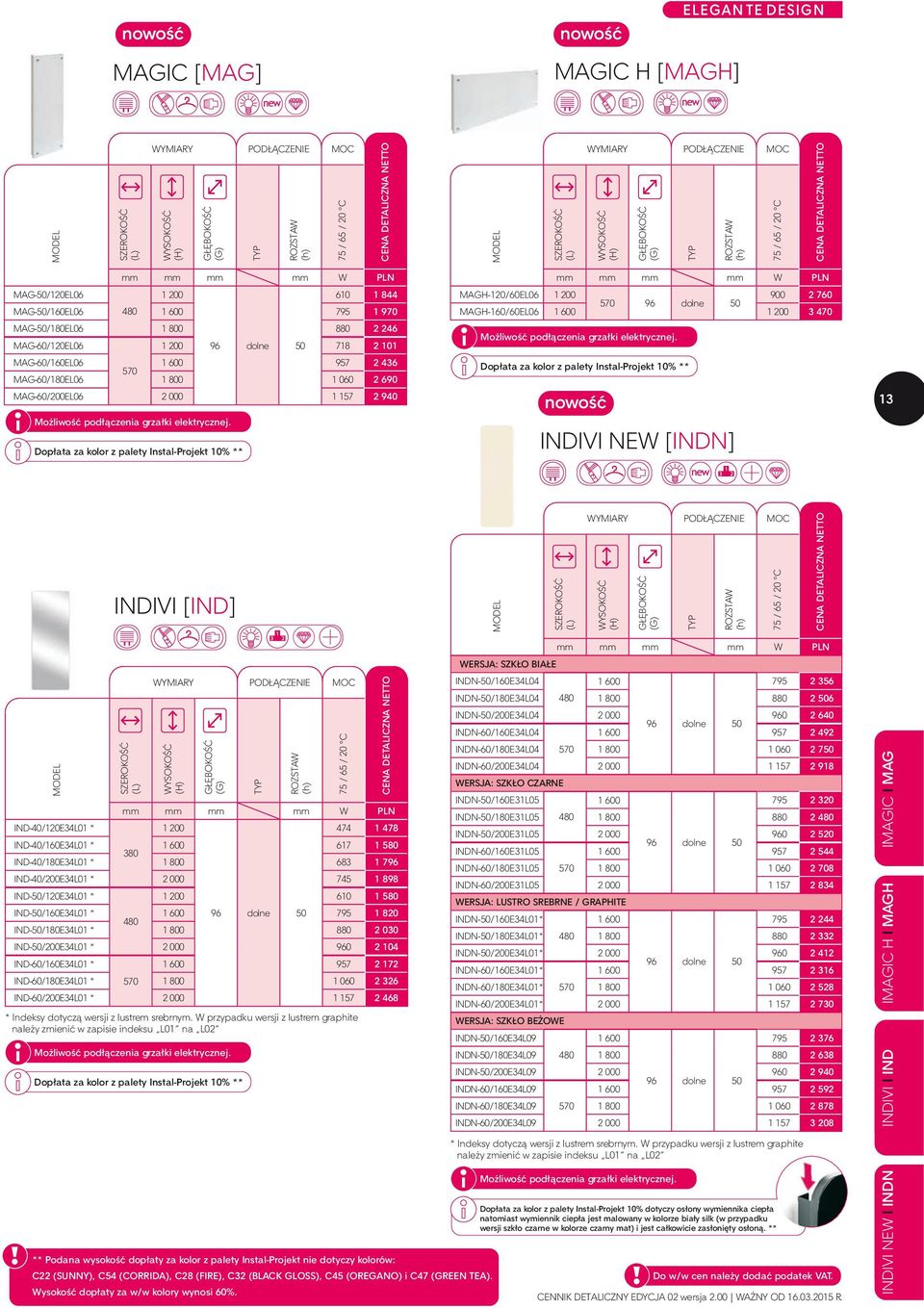 Dopłata za kolor z palety Instal-Projekt 10% ** MAGH-120/60EL06 1 200 900 2 760 570 96 dolne 50 MAGH-160/60EL06 1 600 1 200 3 470 Możliwość podłączenia grzałki elektrycznej.