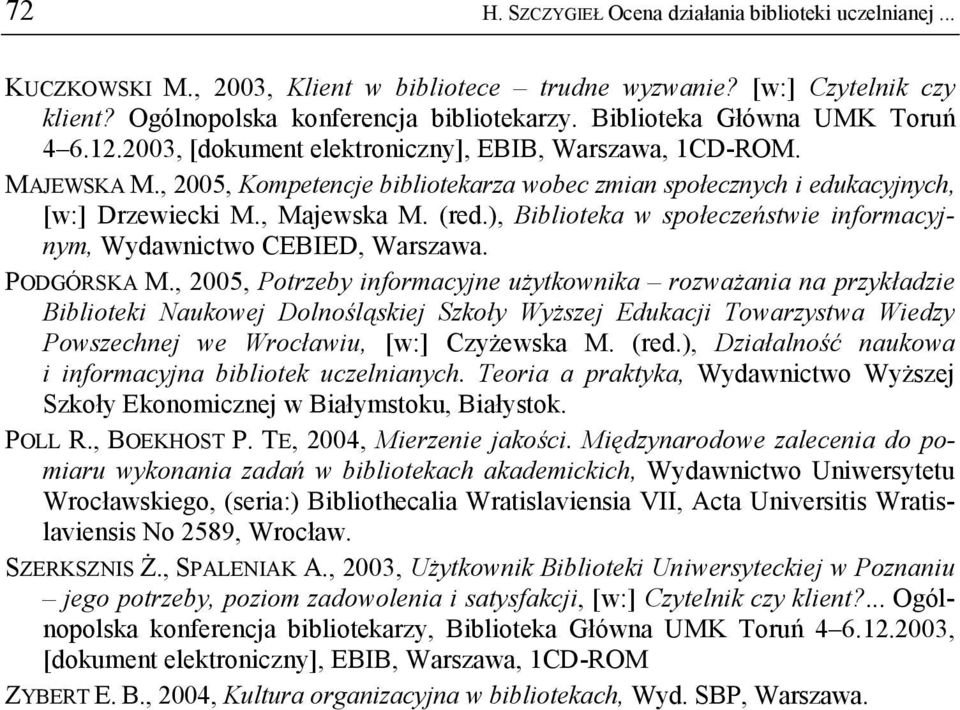 , Majewska M. (red.), Biblioteka w społeczeństwie informacyjnym, Wydawnictwo CEBIED, Warszawa. PODGÓRSKA M.