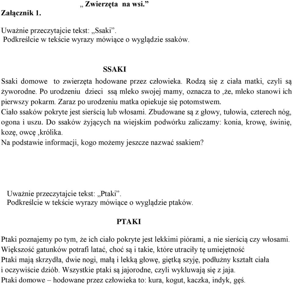 Ciało ssaków pokryte jest sierścią lub włosami. Zbudowane są z głowy, tułowia, czterech nóg, ogona i uszu. Do ssaków żyjących na wiejskim podwórku zaliczamy: konia, krowę, świnię, kozę, owcę,królika.