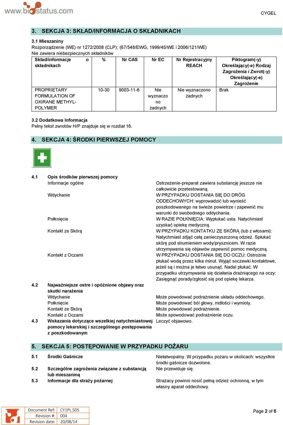 PROPRIETARY FORMULATION OF OXIRANE METHYL- POLYMER 10-30 9003-11-6 Nie wyznaczo no żadnych Nie wyznaczono żadnych Piktogram(-y) Określający(-e) Rodzaj Zagrożenia i Zwrot(-y) Określający(-e)