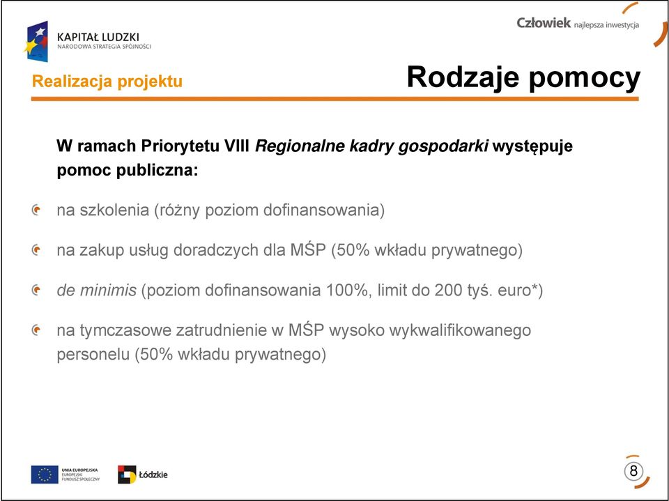 doradczych dla MŚP (50% wkładu prywatnego) de minimis (poziom dofinansowania 100%, limit do