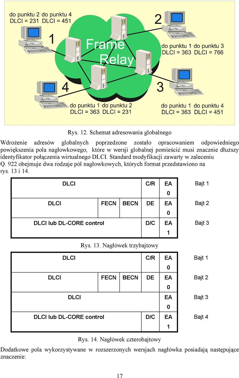 znacznie dłuższy identyfikator połączenia wirtualnego DLCI. Standard modyfikacji zawarty w zaleceniu Q. 922 obejmuje dwa rodzaje pól nagłowkowych, których format przedstawiono na rys.