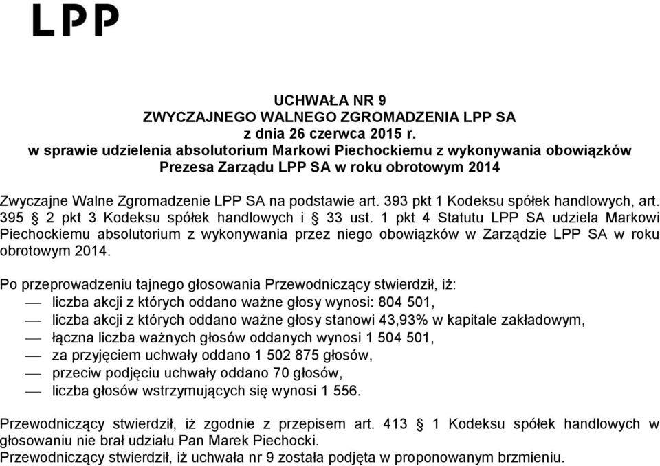 1 pkt 4 Statutu LPP SA udziela Markowi Piechockiemu absolutorium z wykonywania przez niego obowiązków w Zarządzie LPP SA w roku obrotowym 2014.