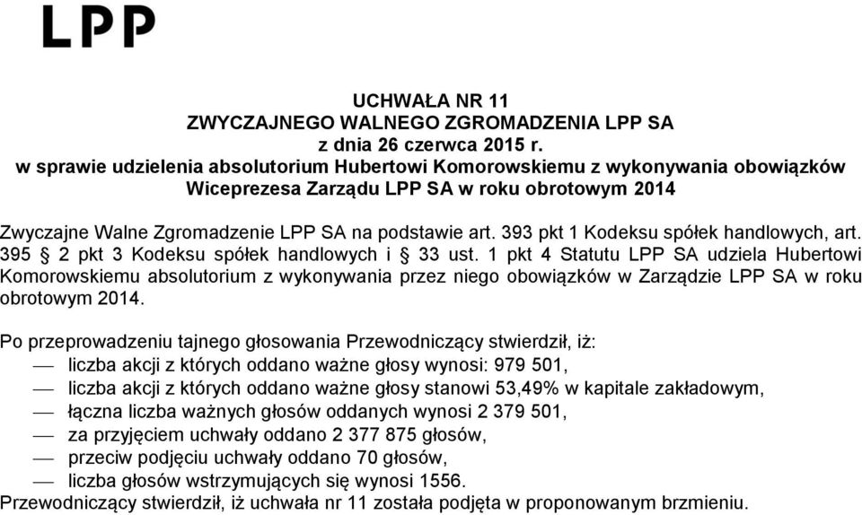 1 pkt 4 Statutu LPP SA udziela Hubertowi Komorowskiemu absolutorium z wykonywania przez niego obowiązków w Zarządzie LPP SA w roku obrotowym 2014.