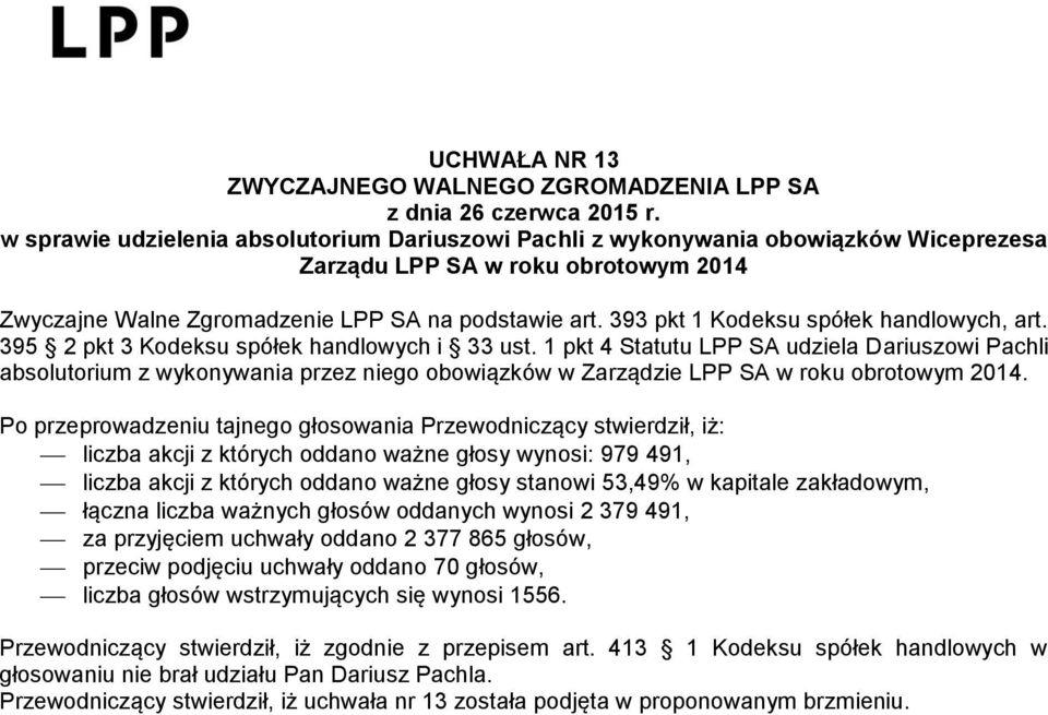1 pkt 4 Statutu LPP SA udziela Dariuszowi Pachli absolutorium z wykonywania przez niego obowiązków w Zarządzie LPP SA w roku obrotowym 2014.