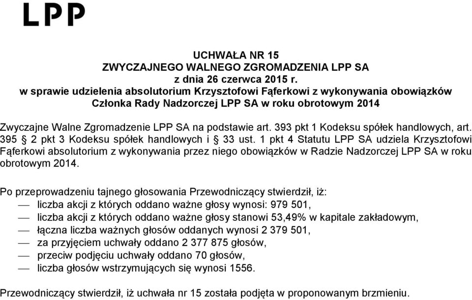 1 pkt 4 Statutu LPP SA udziela Krzysztofowi Fąferkowi absolutorium z wykonywania przez niego obowiązków w Radzie Nadzorczej LPP SA w roku obrotowym 2014.