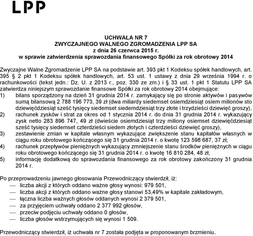 1 pkt 1 Statutu LPP SA zatwierdza niniejszym sprawozdanie finansowe Spółki za rok obrotowy 2014 obejmujące: 1) bilans sporządzony na dzień 31 grudnia 2014 r.