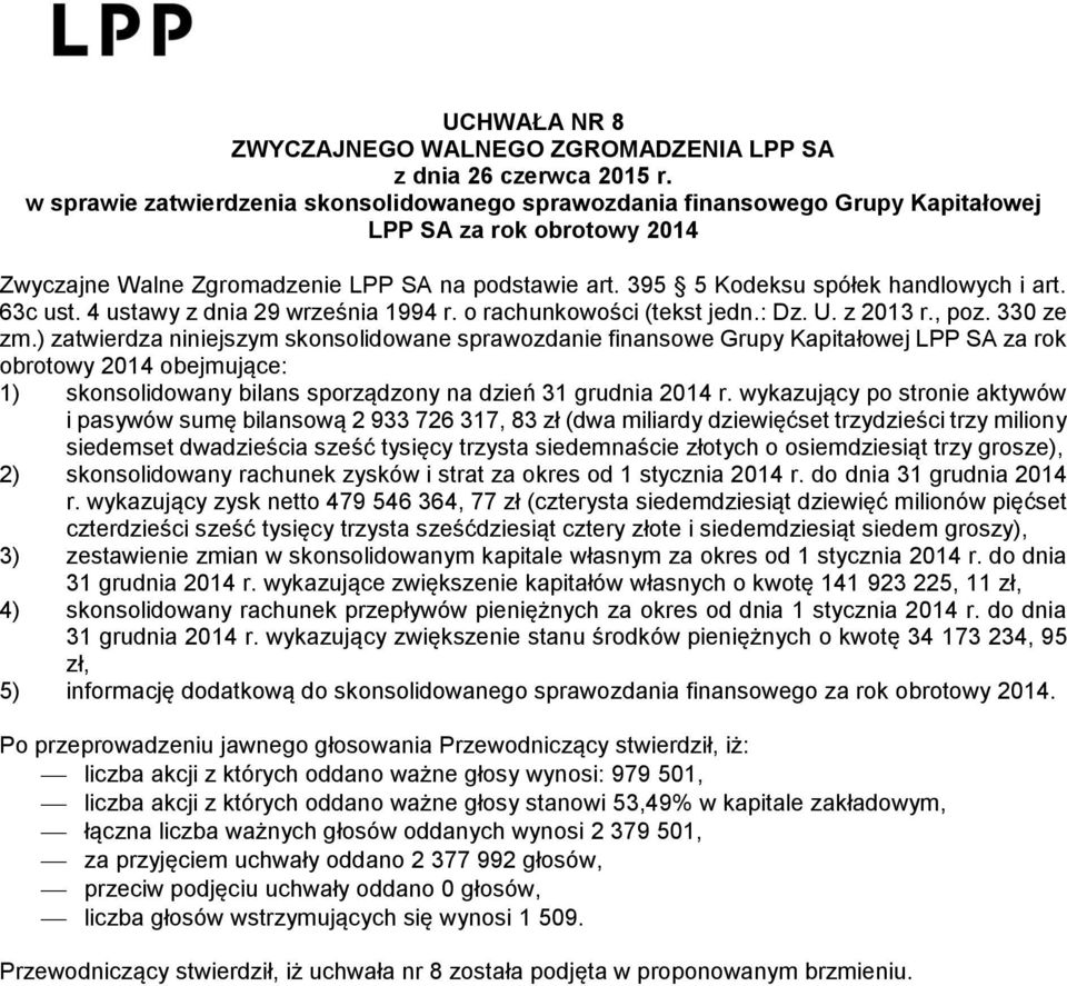 ) zatwierdza niniejszym skonsolidowane sprawozdanie finansowe Grupy Kapitałowej LPP SA za rok obrotowy 2014 obejmujące: 1) skonsolidowany bilans sporządzony na dzień 31 grudnia 2014 r.