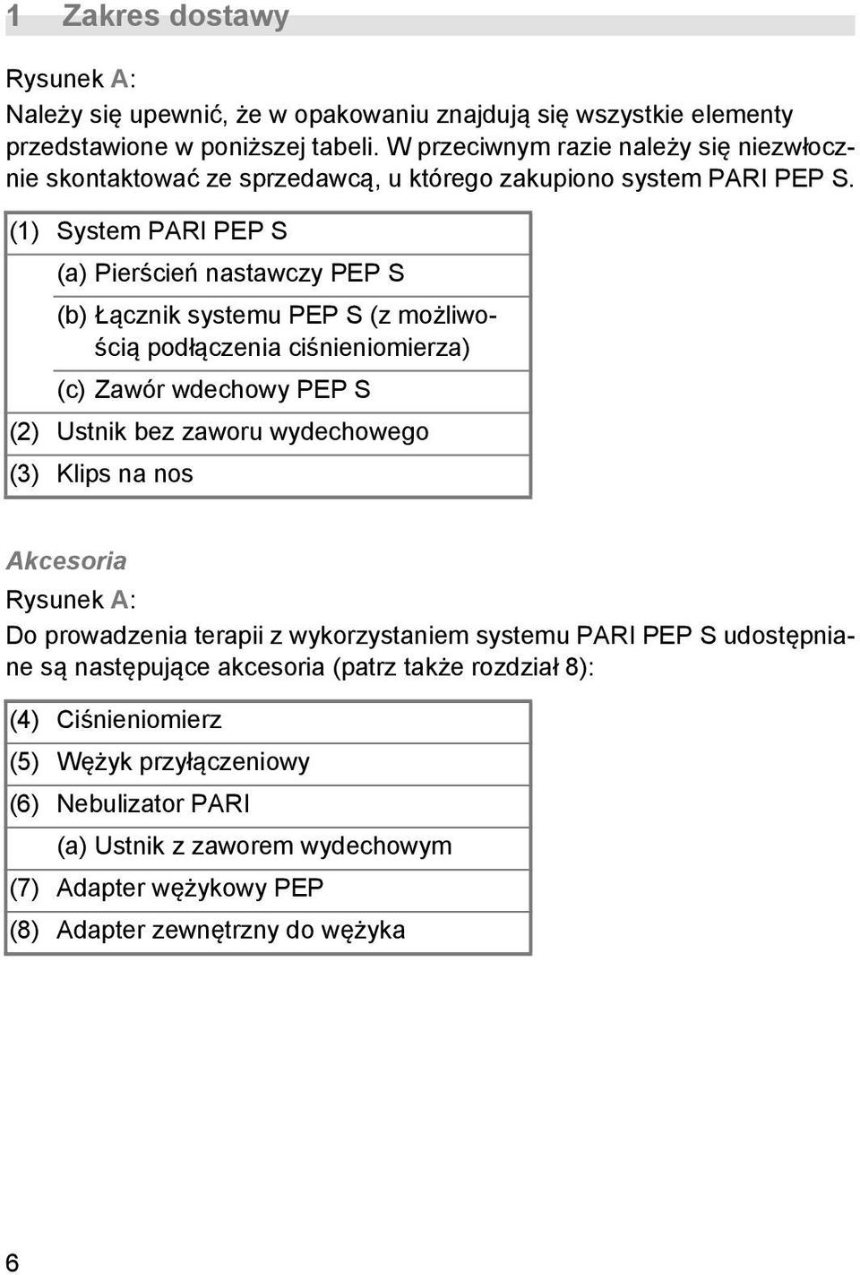 (1) System PARI PEP S (a) Pierścień nastawczy PEP S (b) Łącznik systemu PEP S (z możliwością podłączenia ciśnieniomierza) (c) Zawór wdechowy PEP S (2) Ustnik bez zaworu wydechowego (3)