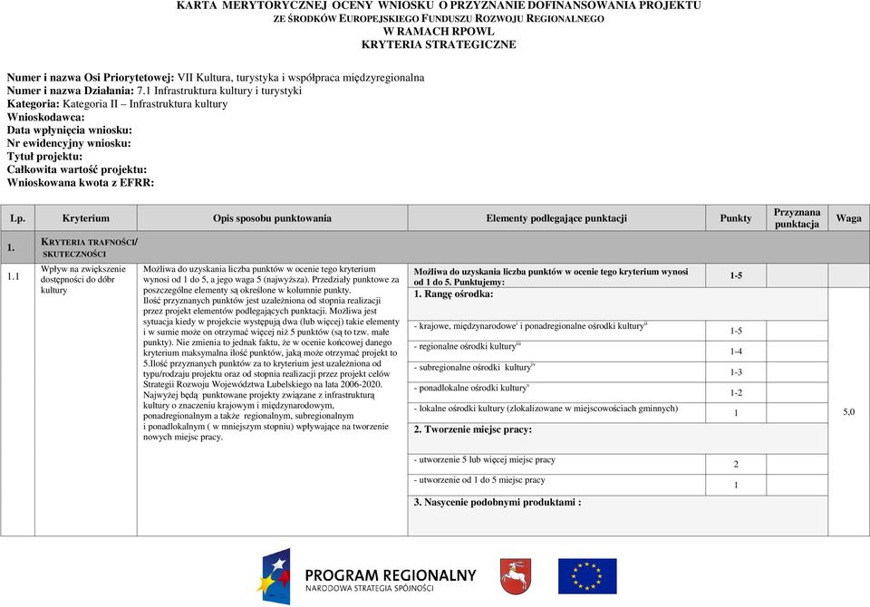 1 Infrastruktura kultury i turystyki Kategoria: Kategoria II Infrastruktura kultury Wnioskodawca: Data wpłynięcia wniosku: Nr ewidencyjny wniosku: Tytuł projektu: Całkowita wartość projektu: