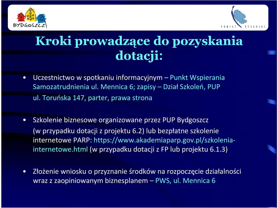 Toruńska 147, parter, prawa strona Szkolenie biznesowe organizowane przez PUP Bydgoszcz (w przypadku dotacji z projektu 6.