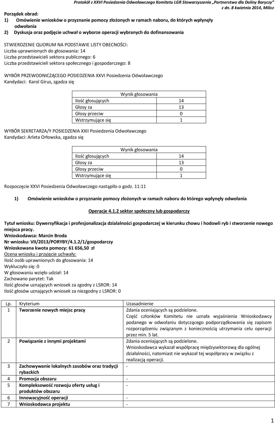 WYBÓR PRZEWODNICZĄCEGO POSIEDZENIA XXVI Posiedzenia Odwoławczego Kandydaci: Karol Girus, zgadza się WYBÓR SEKRETARZA/Y POSIEDZENIA XXII Posiedzenia Odwoławczego Kandydaci: Arleta Orłowska, zgadza się