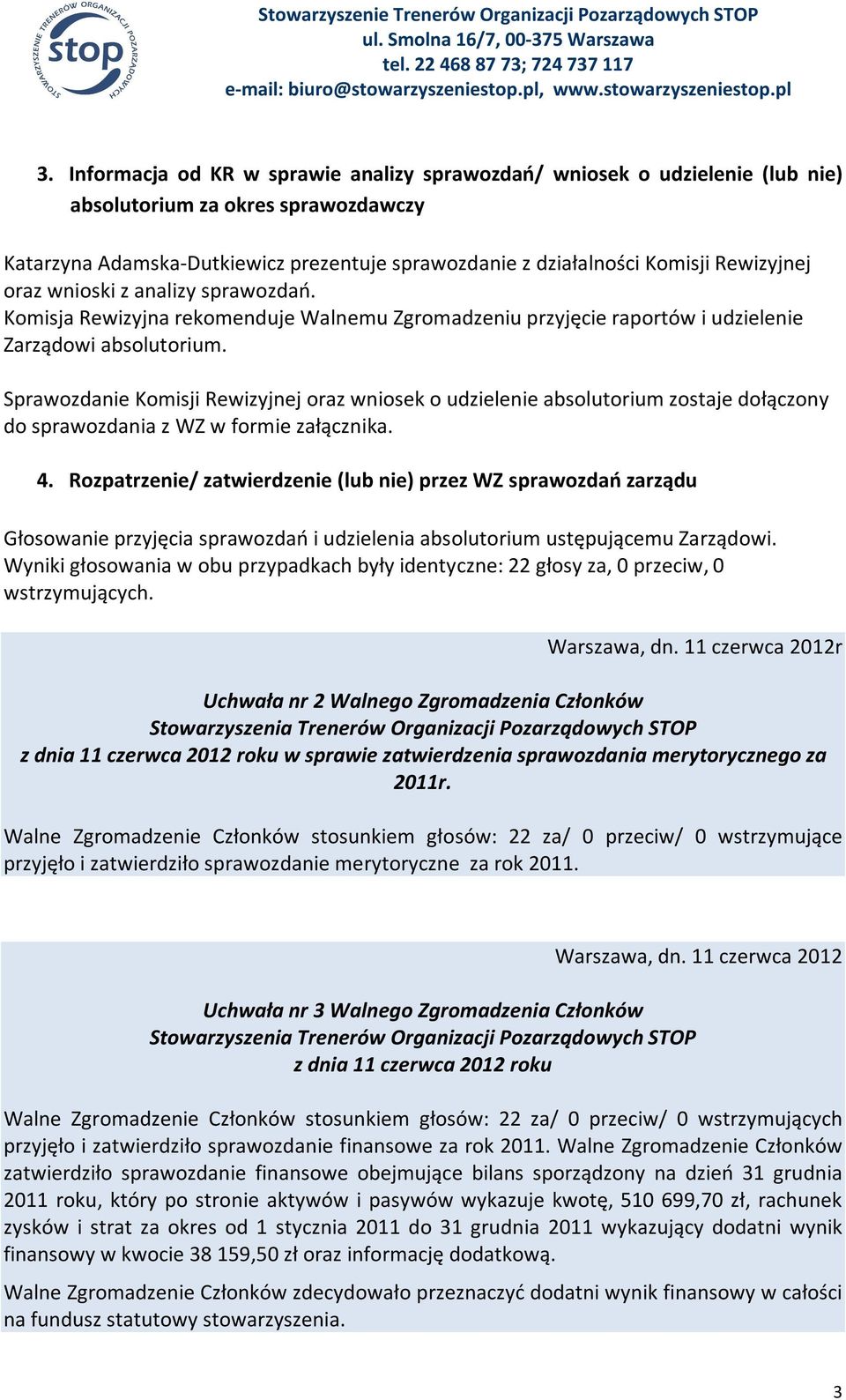 Sprawozdanie Komisji Rewizyjnej oraz wniosek o udzielenie absolutorium zostaje dołączony do sprawozdania z WZ w formie załącznika. 4.