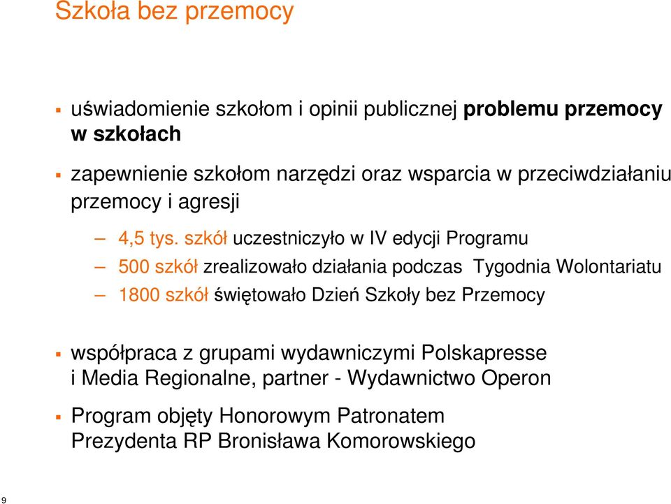 szkół uczestniczyło w IV edycji Programu 500 szkół zrealizowało działania podczas Tygodnia Wolontariatu 1800 szkół świętowało