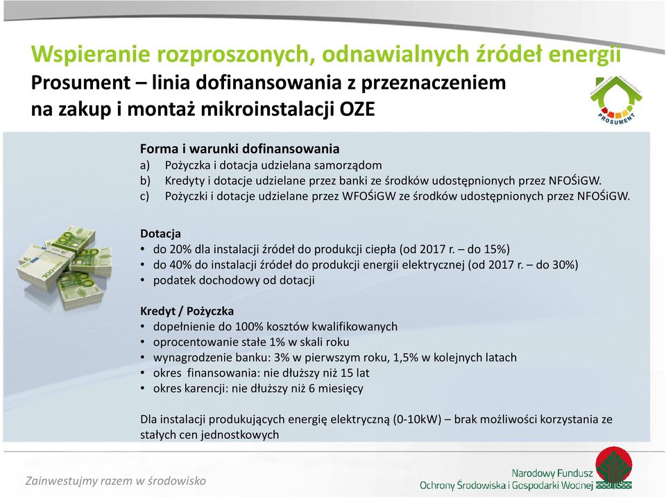 Dotacja do 20% dla instalacji źródeł do produkcji ciepła (od 2017 r. do 15%) do 40% do instalacji źródeł do produkcji energii elektrycznej (od 2017 r.