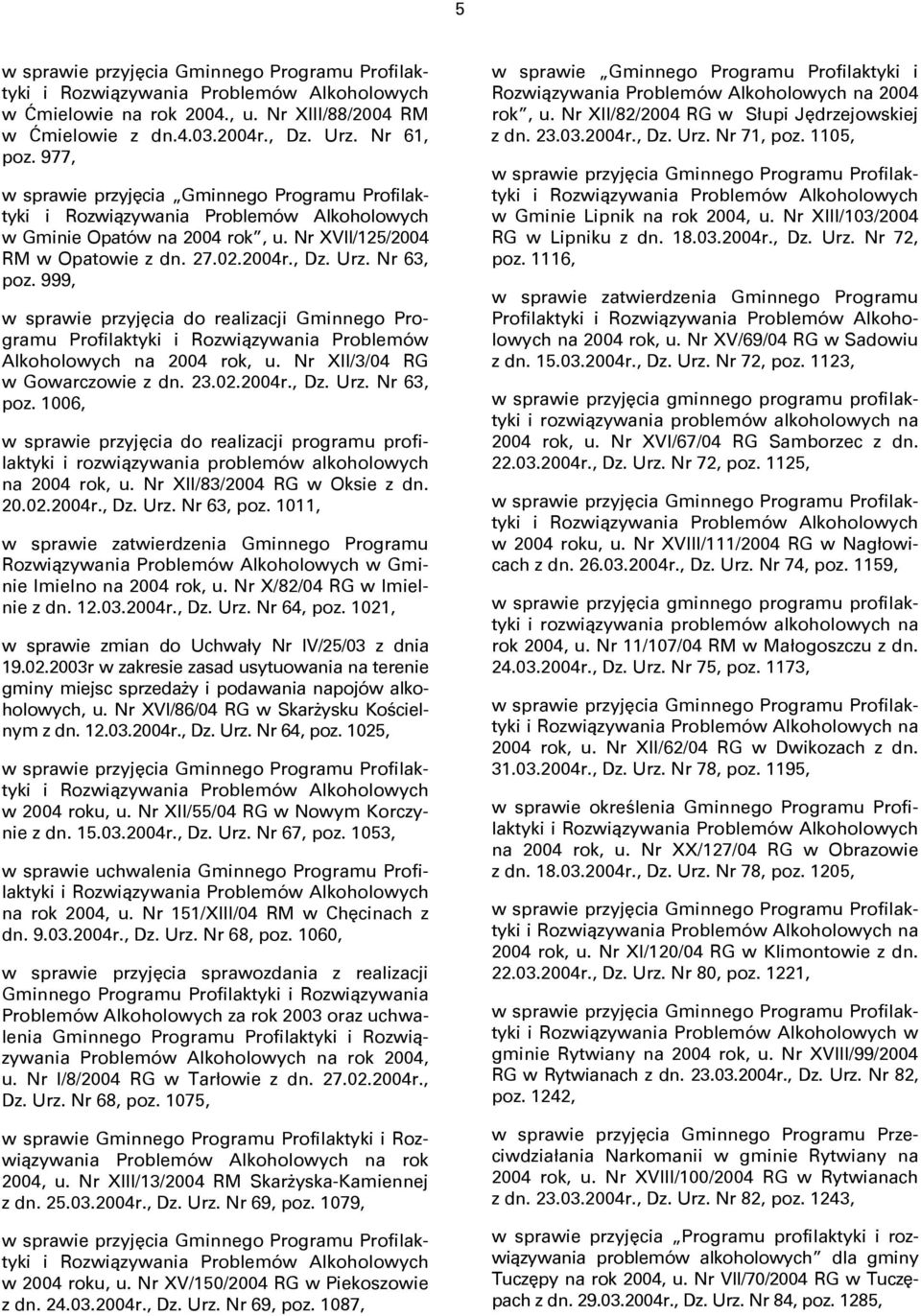 999, w sprawie przyjęcia do realizacji Gminnego Programu Profilaktyki i Rozwiązywania Problemów Alkoholowych na 2004 rok, u. Nr XII/3/04 RG w Gowarczowie z dn. 23.02.2004r., Dz. Urz. Nr 63, poz.