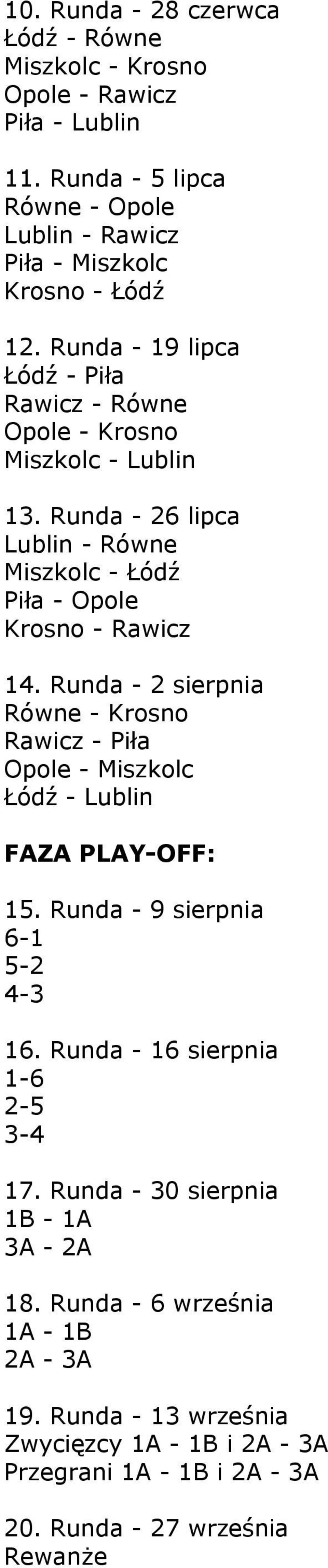 Runda - 2 sierpnia Równe - Krosno Rawicz - Piła Opole - Miszkolc Łódź - Lublin FAZA PLAY-OFF: 15. Runda - 9 sierpnia 6-1 5-2 4-3 16. Runda - 16 sierpnia 1-6 2-5 3-4 17.