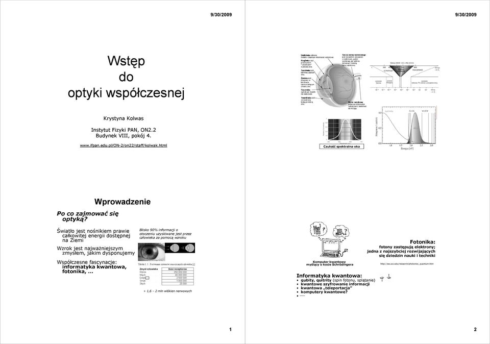 90% informacji o otoczeniu uzyskiwane jest przez człowieka za pomocą wzroku + 1,6 2 mln włókien nerwowych Komputer kwantowy myślący o kocie Schrödingera Informatyka kwantowa: qubity, quitrity (spin