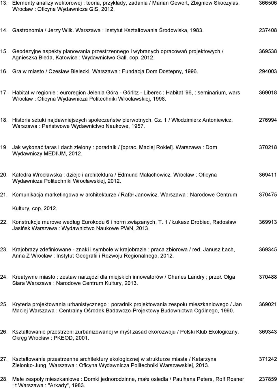 Geodezyjne aspekty planowania przestrzennego i wybranych opracowań projektowych / 369538 Agnieszka Bieda, Katowice : Wydawnictwo Gall, cop. 2012. 16. Gra w miasto / Czesław Bielecki.