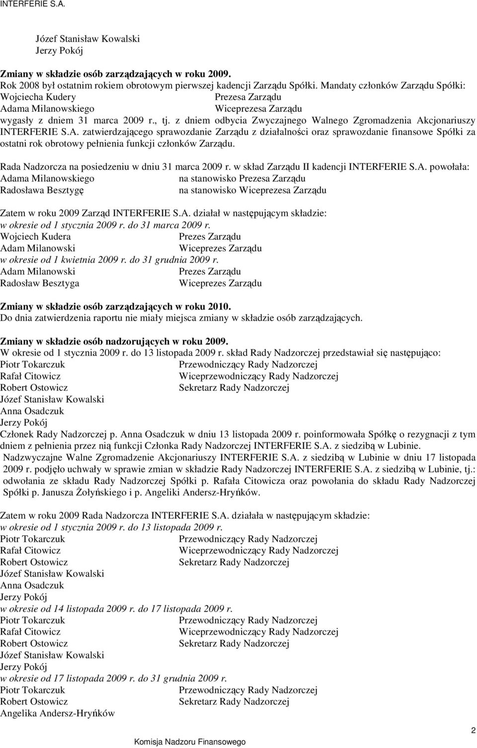 z dniem odbycia Zwyczajnego Walnego Zgromadzenia Akcjonariuszy INTERFERIE S.A. zatwierdzającego sprawozdanie Zarządu z działalności oraz sprawozdanie finansowe Spółki za ostatni rok obrotowy pełnienia funkcji członków Zarządu.