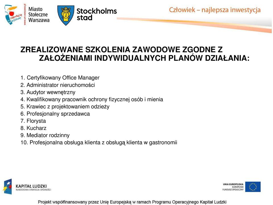 Kwalifikowany pracownik ochrony fizycznej osób i mienia 5. Krawiec z projektowaniem odzieży 6.