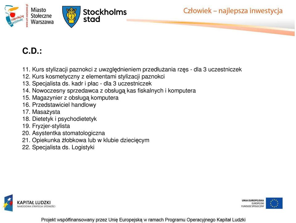 Nowoczesny sprzedawca z obsługą kas fiskalnych i komputera 15. Magazynier z obsługą komputera 16.