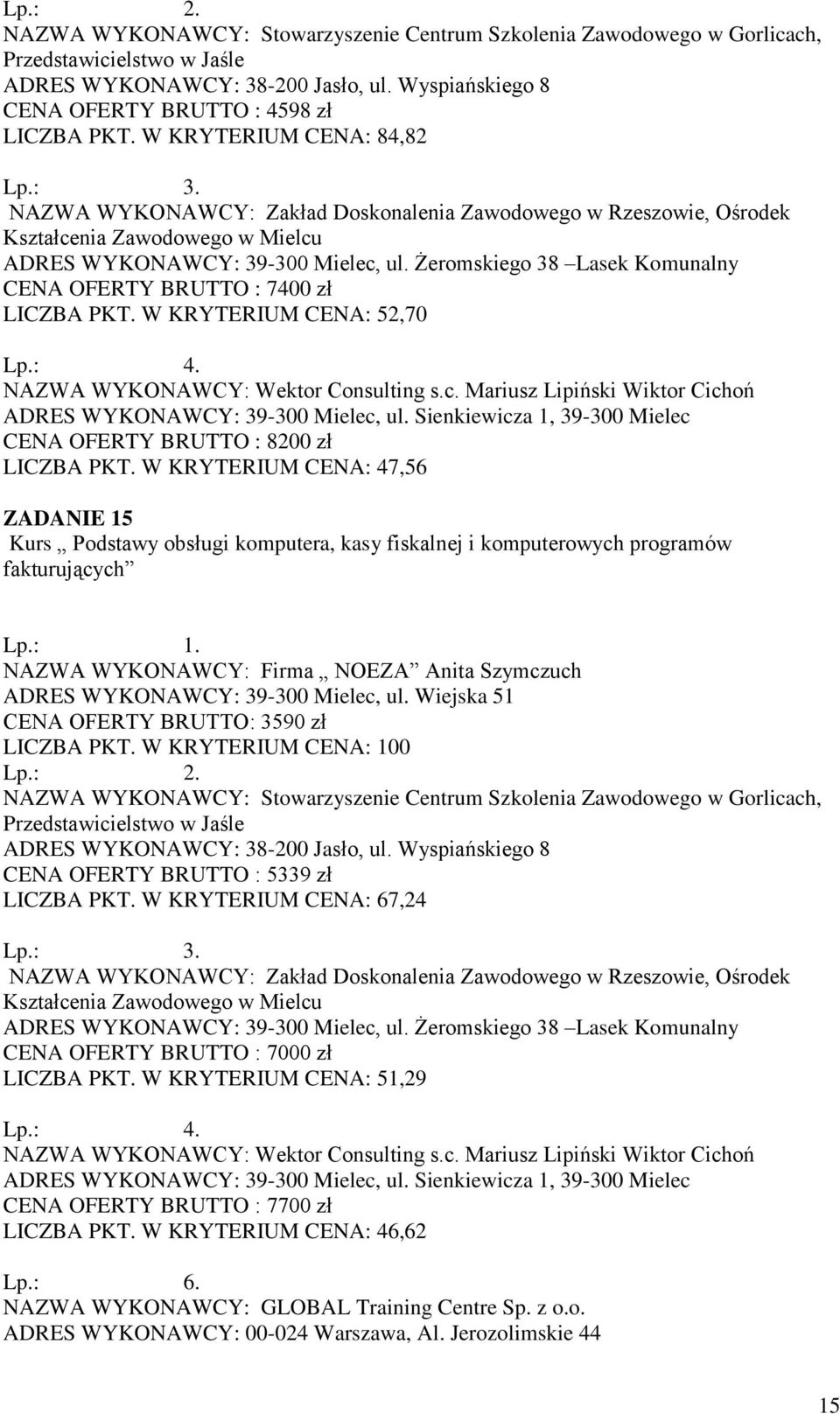 W KRYTERIUM CENA: 47,56 ZADANIE 15 Kurs Podstawy obsługi komputera, kasy fiskalnej i komputerowych programów fakturujących CENA