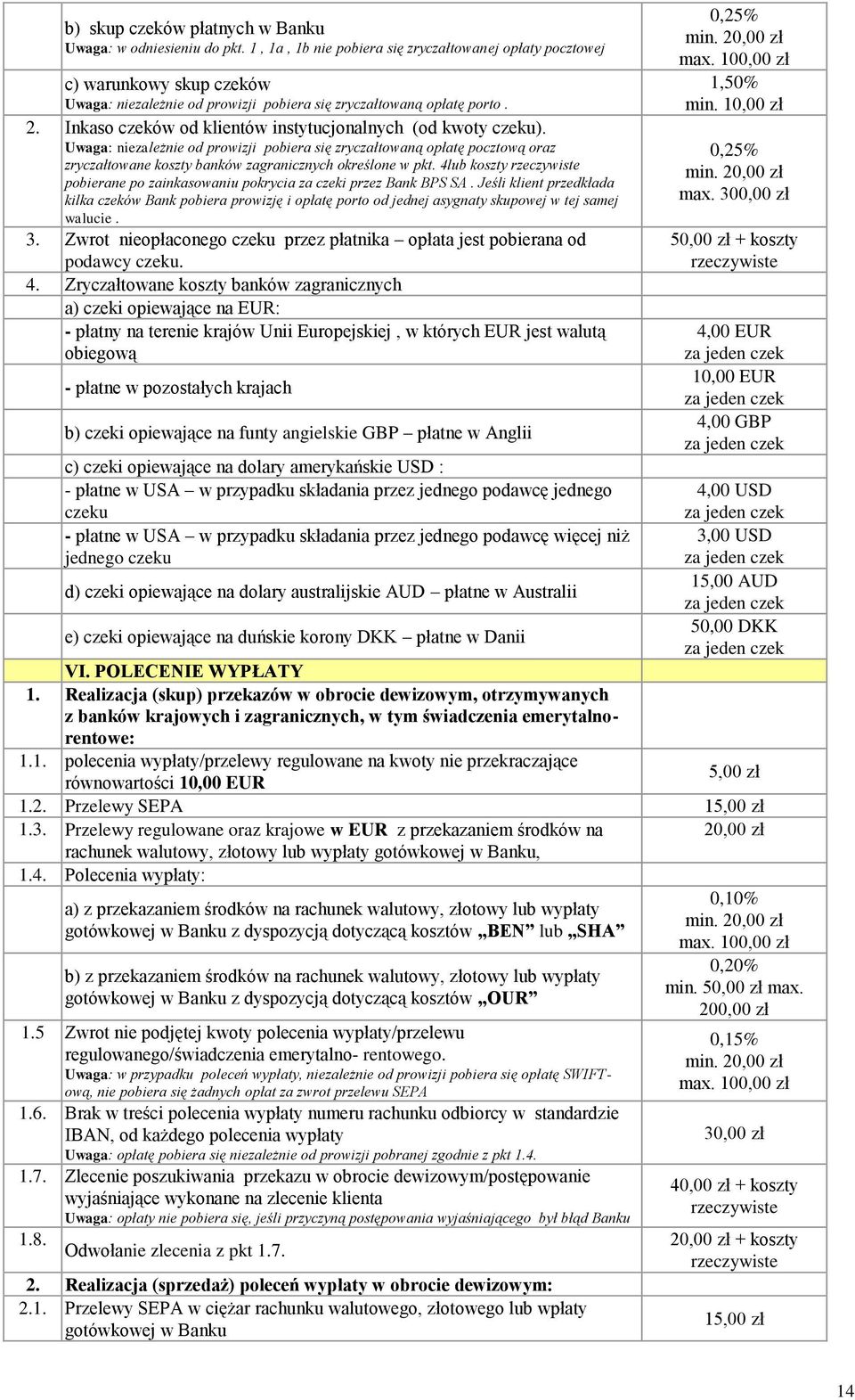 Inkaso czeków od klientów instytucjonalnych (od kwoty czeku). Uwaga: niezależnie od prowizji pobiera się zryczałtowaną opłatę pocztową oraz zryczałtowane koszty banków zagranicznych określone w pkt.