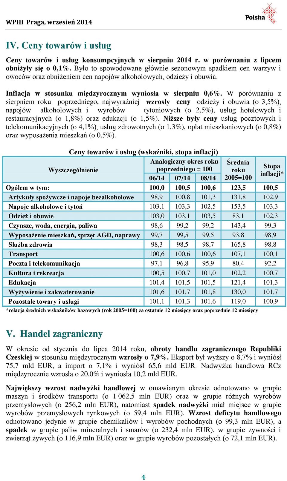 W porównaniu z sierpniem roku poprzedniego, najwyraźniej wzrosły ceny odzieży i obuwia (o 3,5%), napojów alkoholowych i wyrobów tytoniowych (o 2,5%), usług hotelowych i restauracyjnych (o 1,8%) oraz