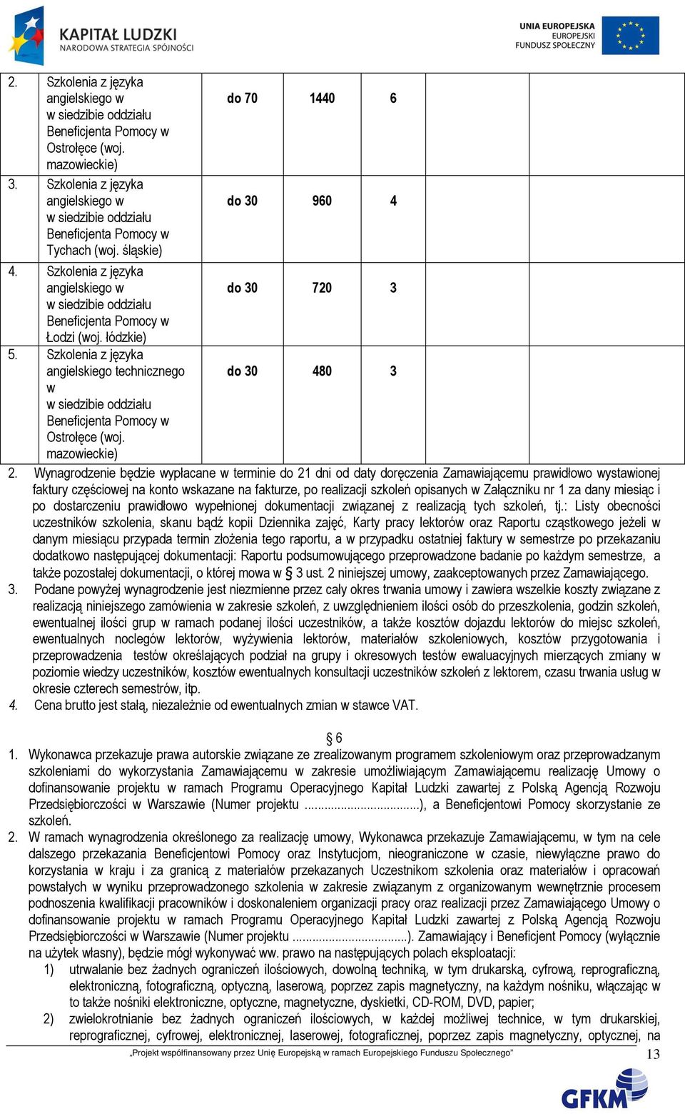 Wynagrodzenie będzie wypłacane w terminie do 21 dni od daty doręczenia Zamawiającemu prawidłowo wystawionej faktury częściowej na konto wskazane na fakturze, po realizacji szkoleń opisanych w