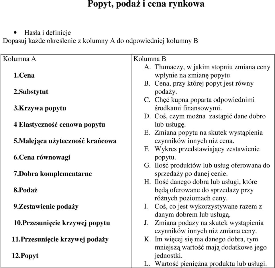 Cen, przy której popyt jest równy poŝy. C. Chęć kupn poprt opowienimi śrokmi finnsowymi. D. Coś, zym moŝn zstąpić ne oro lu usługę. E. Zmin popytu n skutek wystąpieni zynników innyh niŝ en. F.