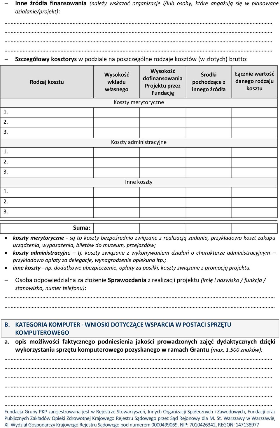 administracyjne Inne koszty Suma: koszty merytoryczne - są to koszty bezpośrednio związane z realizacją zadania, przykładowo koszt zakupu urządzenia, wyposażenia, biletów do muzeum, przejazdów;