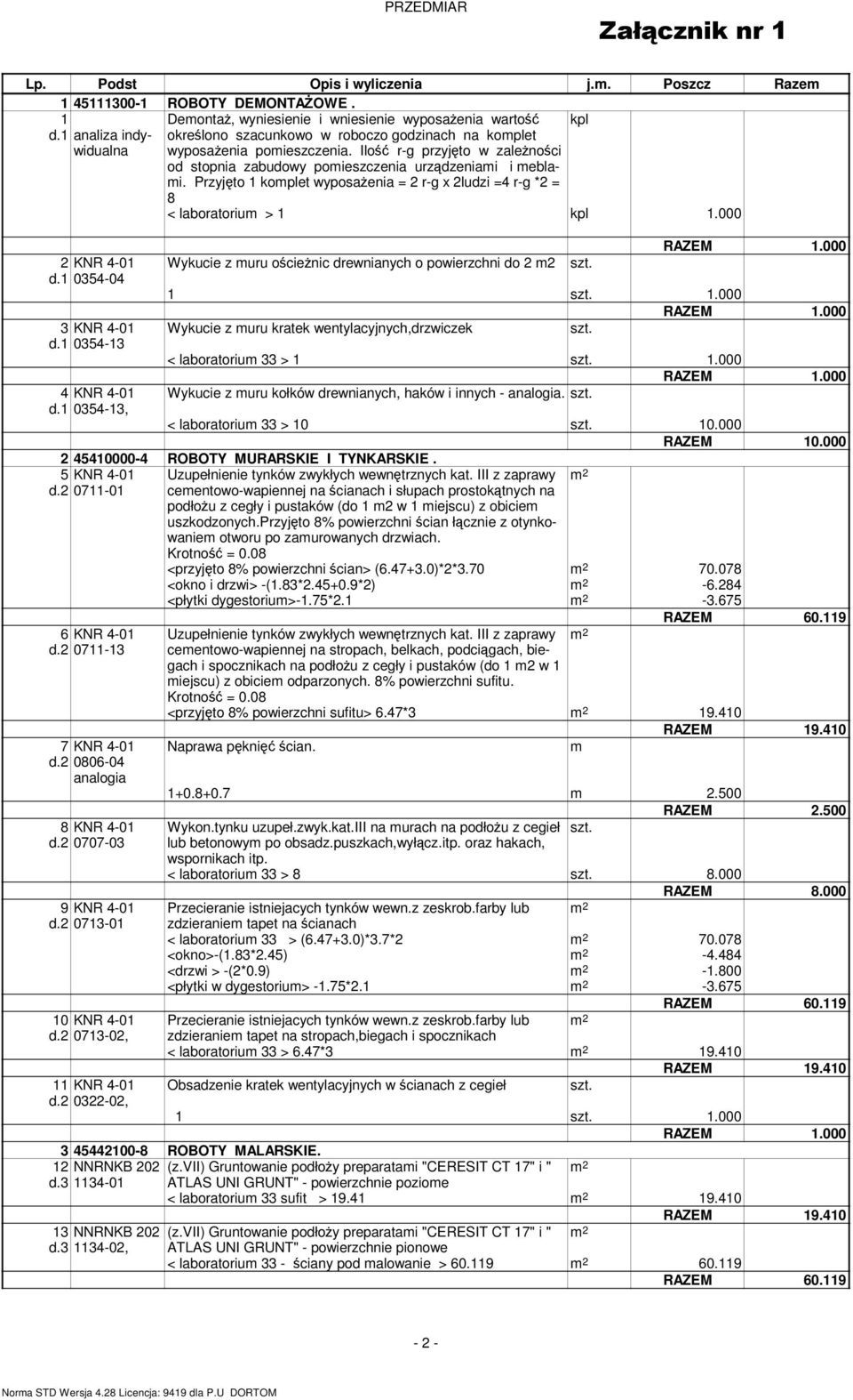 Przyjęto 1 komplet wyposażenia = 2 r-g x 2ludzi =4 r-g *2 = 8 < laboratorium > 1 kpl 1.000 2 KNR 4-01 d.1 0354-04 3 KNR 4-01 d.1 0354-13 4 KNR 4-01 d.