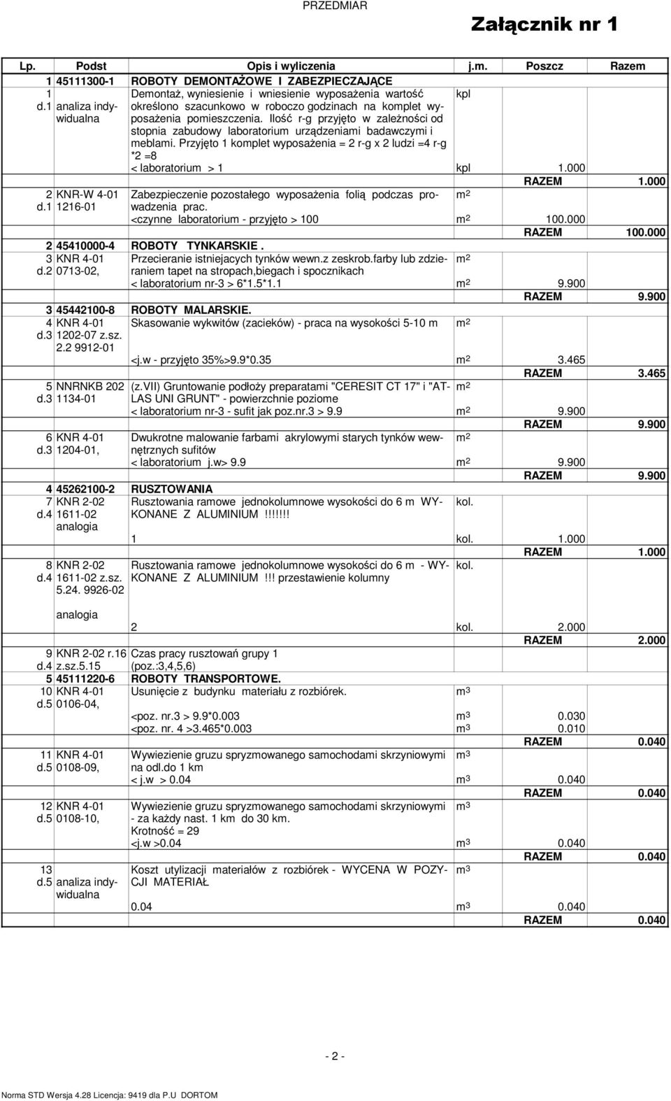 Ilość r-g przyjęto w zależności od stopnia zabudowy laboratorium urządzeniami badawczymi i meblami. Przyjęto 1 komplet wyposażenia = 2 r-g x 2 ludzi =4 r-g *2 =8 < laboratorium > 1 kpl 1.000 RAZEM 1.