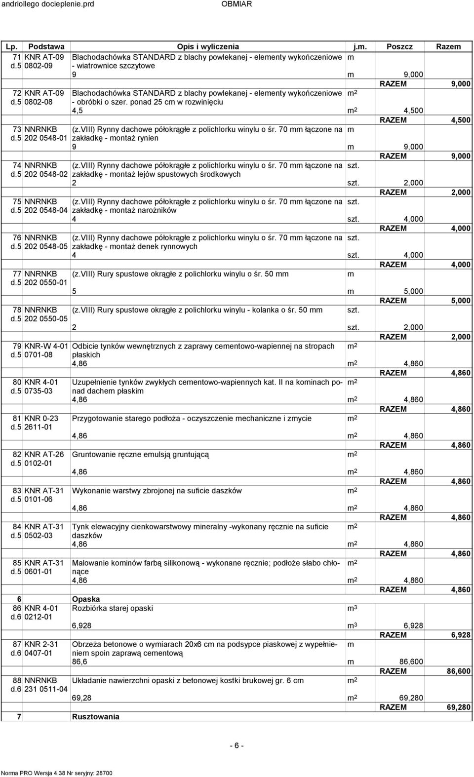 ponad 25 c w rozwinięciu 4,5 4,500 RAZEM 4,500 73 NNRNKB (z.viii) Rynny dachowe półokrągłe z polichlorku winylu o śr. 70 łączone na d.