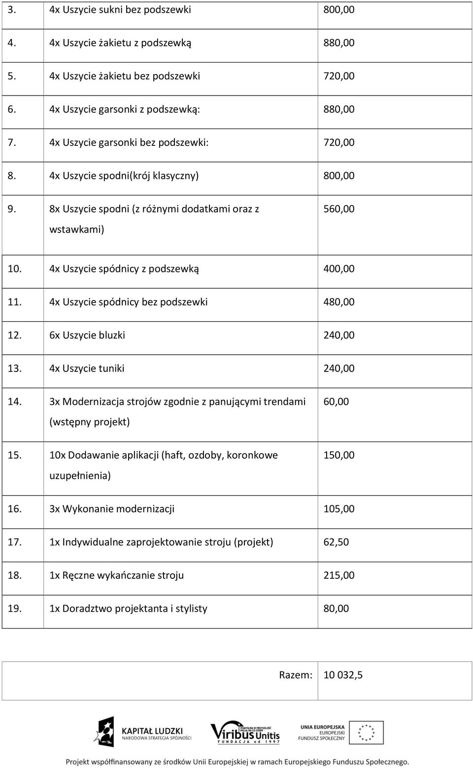 4x Uszycie spódnicy bez podszewki 480,00 12. 6x Uszycie bluzki 240,00 13. 4x Uszycie tuniki 240,00 14. 3x Modernizacja strojów zgodnie z panującymi trendami (wstępny projekt) 60,00 15.