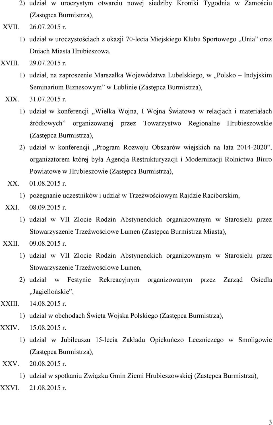 1) udział, na zaproszenie Marszałka Województwa Lubelskiego, w Polsko Indyjskim Seminarium Biznesowym w Lublinie (Zastępca XIX. 31.07.2015 r.