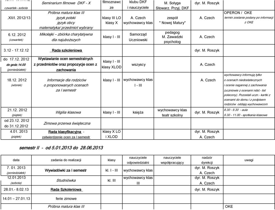 Zawadzki dla najuboższych Uczniowski psycholog OPERON / OKE termin zostanie podany po informacji z OKE 3.12-17.12.12 do 17.12. 2012 Wystawianie ocen semestralnych do godz.14.