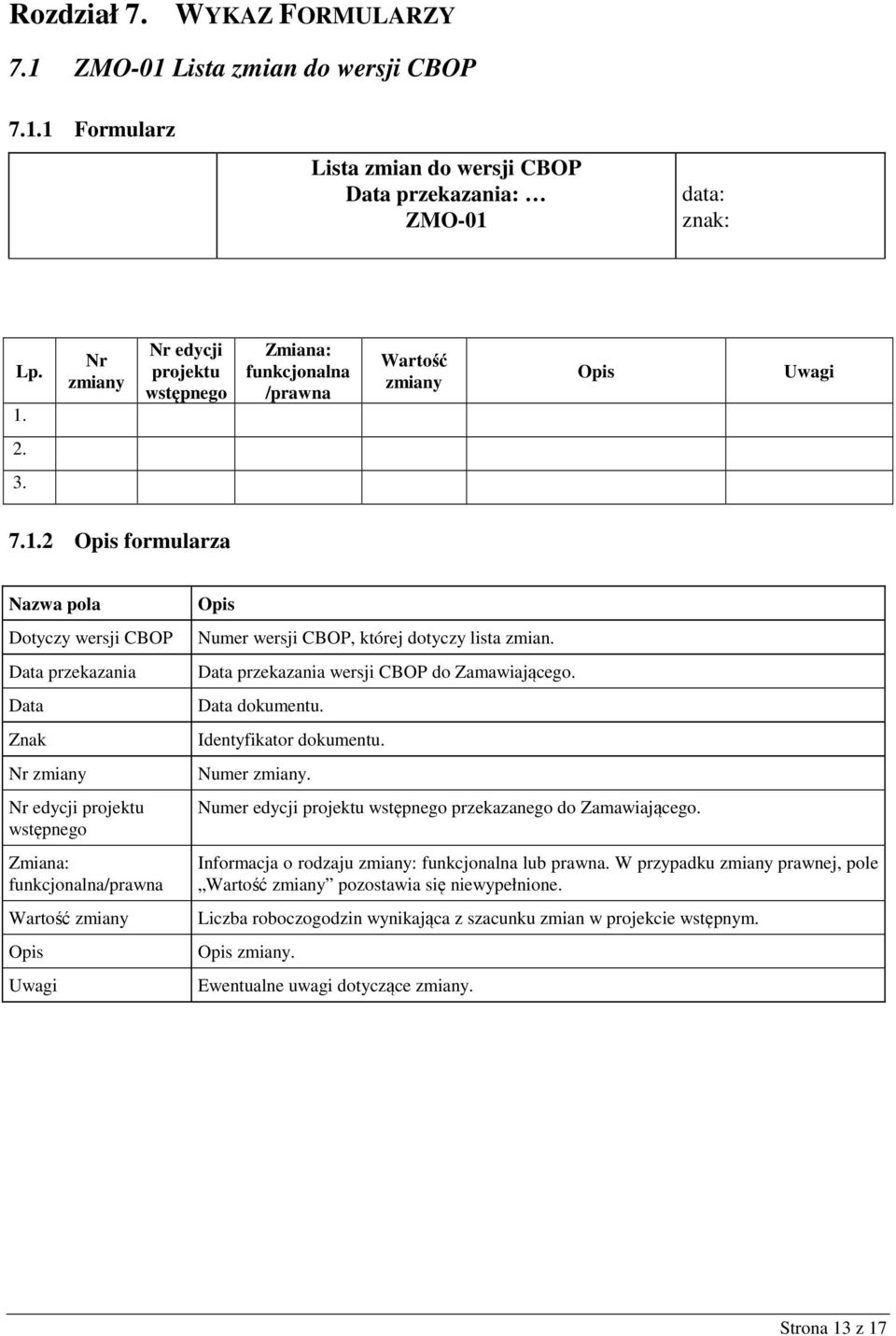 2 Opis formularza Nazwa pola Dotyczy wersji CBOP Data przekazania Data Znak Nr zmiany Nr edycji projektu wstępnego Zmiana: funkcjonalna/prawna Wartość zmiany Opis Uwagi Opis Numer wersji CBOP, której