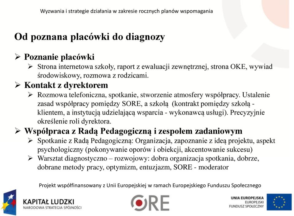 Ustalenie zasad współpracy pomiędzy SORE, a szkołą (kontrakt pomiędzy szkołą - klientem, a instytucją udzielającą wsparcia - wykonawcą usługi). Precyzyjnie określenie roli dyrektora.