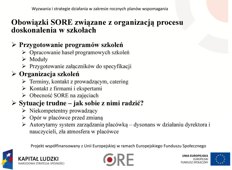 catering Kontakt z firmami i ekspertami Obecność SORE na zajęciach Sytuacje trudne jak sobie z nimi radzić?