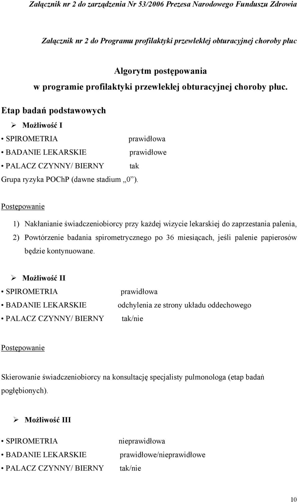 Postępowanie 1) Nakłanianie świadczeniobiorcy przy każdej wizycie lekarskiej do zaprzestania palenia, 2) Powtórzenie badania spirometrycznego po 36 miesiącach, jeśli palenie papierosów będzie